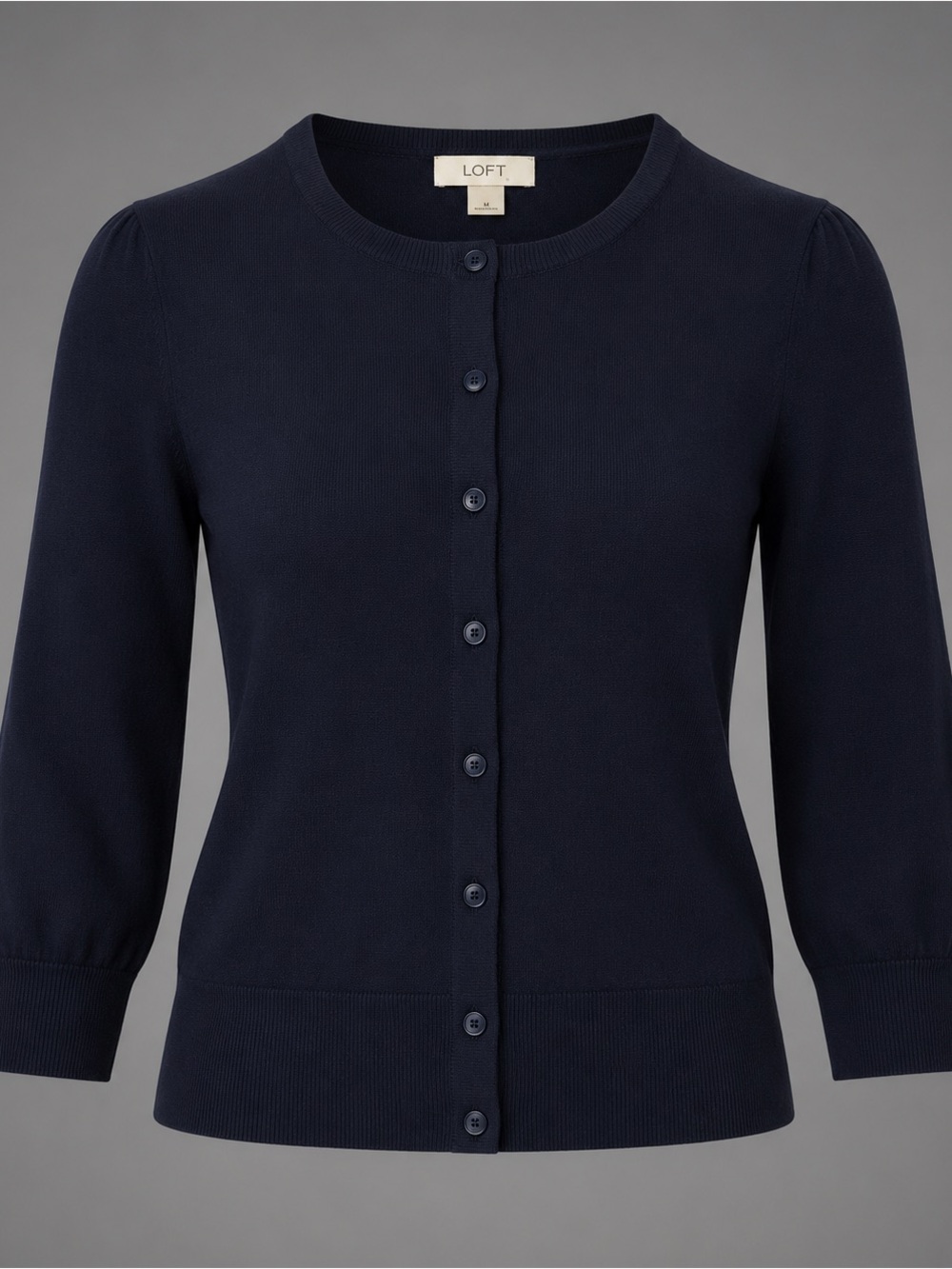 LOFT Navy Button-Front Crewneck Cardigan